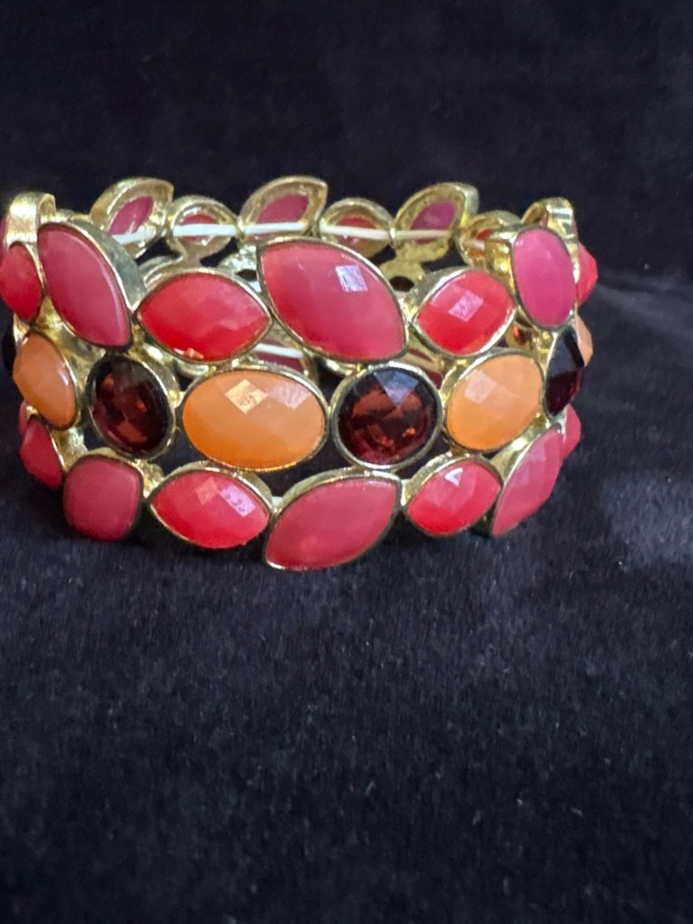 BOLD Multi Gemstone Stretch Cuff Bracelet EUC Coral Pink Gold A Boho Chic Glam